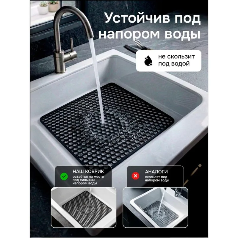 Non-Slip Silicone Sink Mat 30.5X30.5 Cm, 1 Pc, Dark Gray- Compact Square Kitchen Sink Protector, Scratch-Resistant
