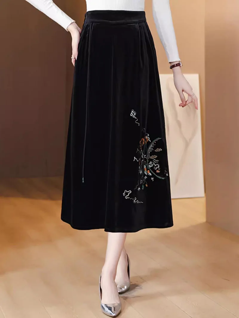 High End Velvet Embroidered Skirt For Autumn And Winter 2023 Women\'s New Large Size Temperament Versatile Midi Jupe Femme Z3385