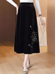 High End Velvet Embroidered Skirt For Autumn And Winter 2023 Women's New Large Size Temperament Versatile Midi Jupe Femme Z3385