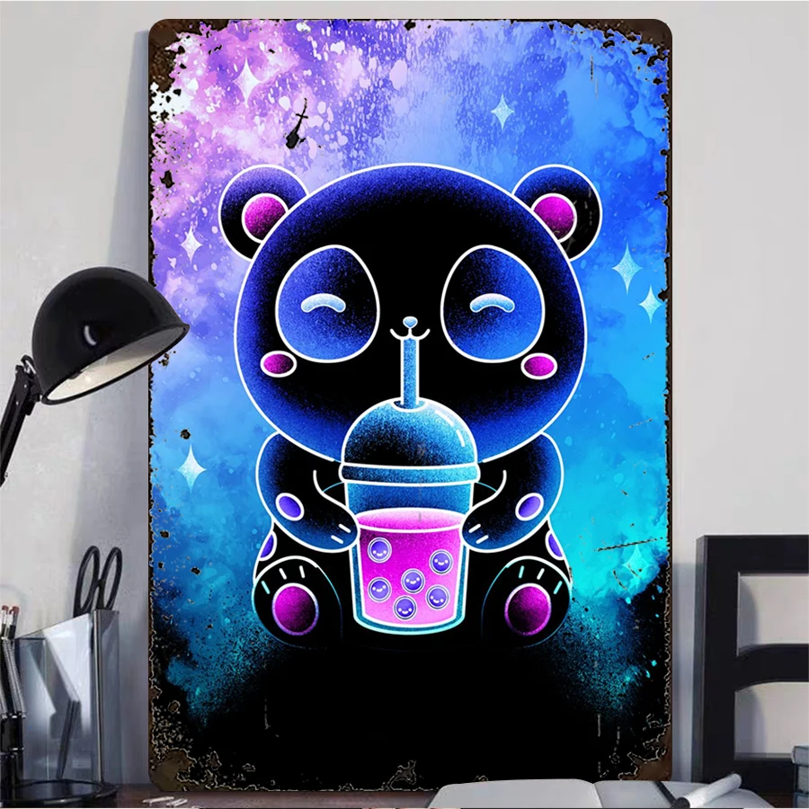 Cosmic Panda Bubble Tea Cartoon Metal Tin Sign Creative Home Decor Kids Room Wall Hanging Living Room Art OrnamentExclusive