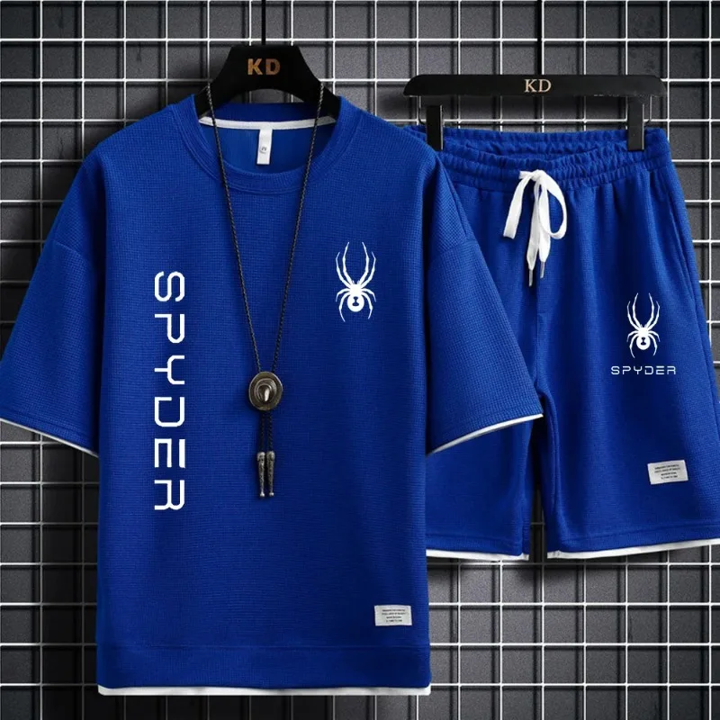 Spyder ชุดวอร์มผู้ชายแบบเกาหลีเสื้อยืดแขนสั้นและกางเกงกีฬาขาสั้นชุดลำลองฤดูร้อนชุดวิ่งชุดชุดสูทสองชิ้นผู้ชาย