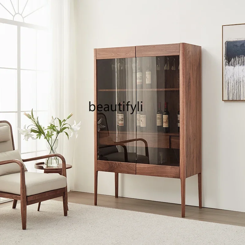 V Black Walnut Wooden Liquor Cabinet Living Room Italian-Style Light Luxury Wine Cabinet Wall Solid Wood Glass Door Cabinet