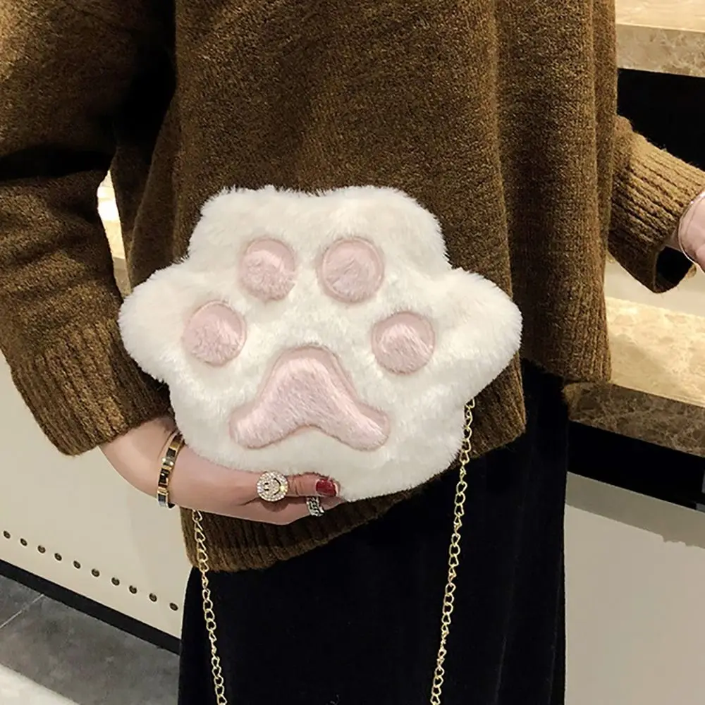 Fashion Women Bear\'s Paw Shaped Soft Faux Fur Crossbody Handbag Fluffy Mini Shoulder Chain Bag Messenger Bag Bear Paw Small Bag