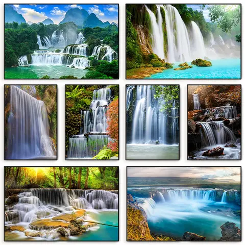 Pintura em tela cascata natural de paisagem, árvore verde, floresta, posteres e impressões, arte de parede, sala de estar, decoração de casa, sem moldura