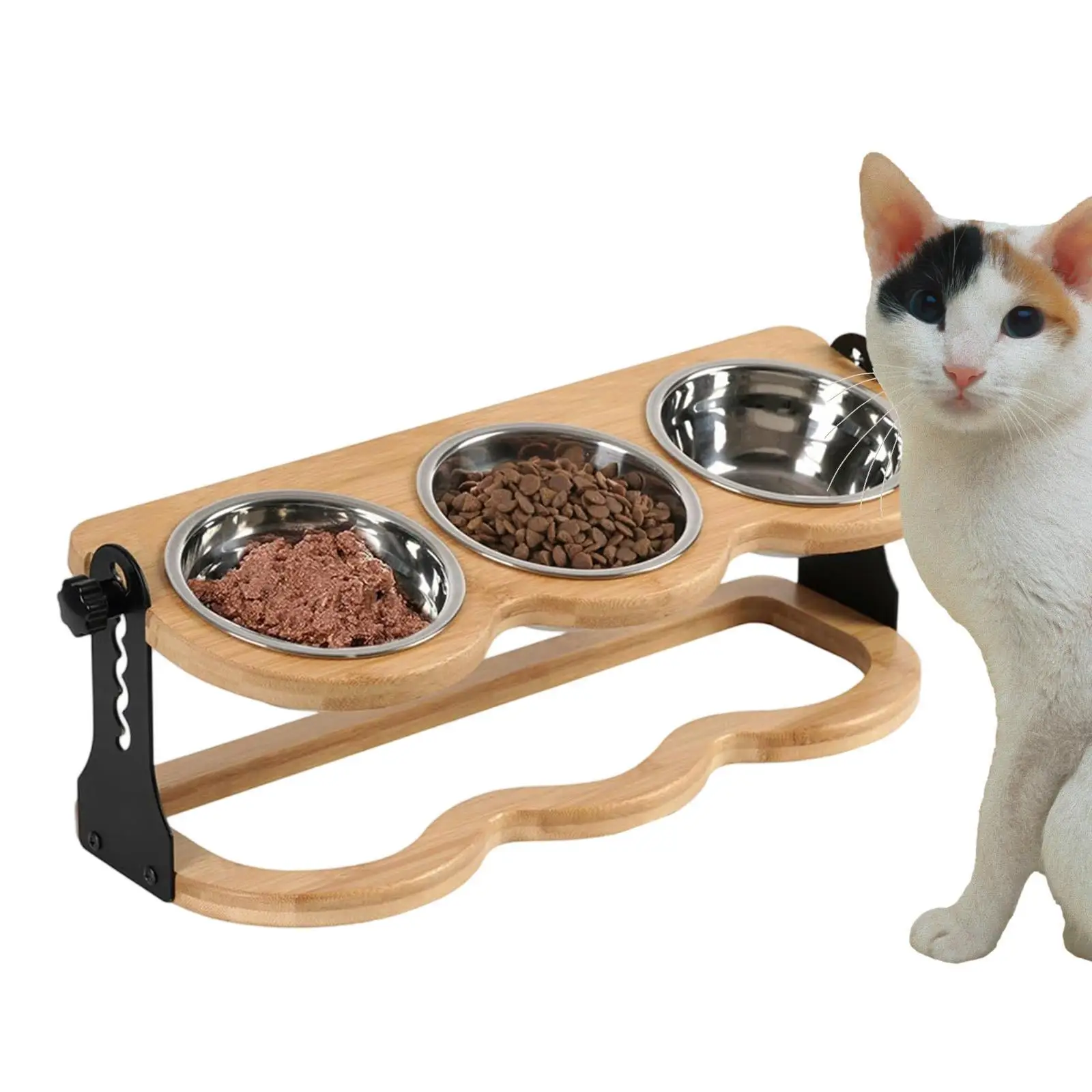Raised Cat Food Bowl with Bamboo Stand Elevated Stainless Steel Pet Dining Tableware for Cat Puppy Home