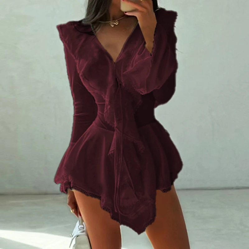 أنيقة الخامس الرقبة Ruch طويلة الأكمام فستان قصير الخريف موضة الراحة عالية الخصر المرقعة سليم Vestidos تاريخ عطلة فستان المرأة