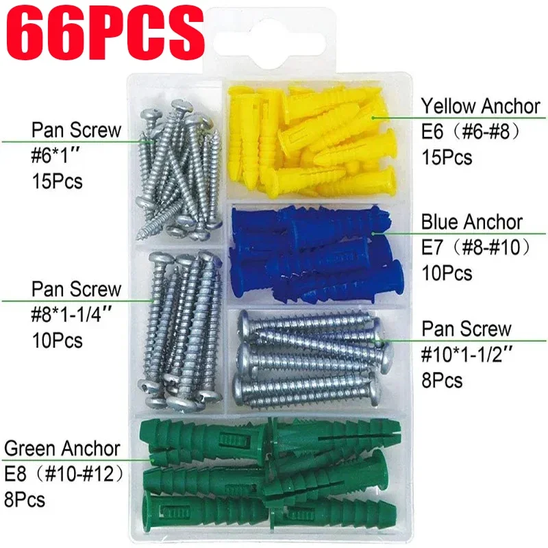 66PCS Expansion Plug Self-Tapping Screws Drilling Drywall Ribbed Anchors Screws Phillips Pan Head Nuts Assortment Kits