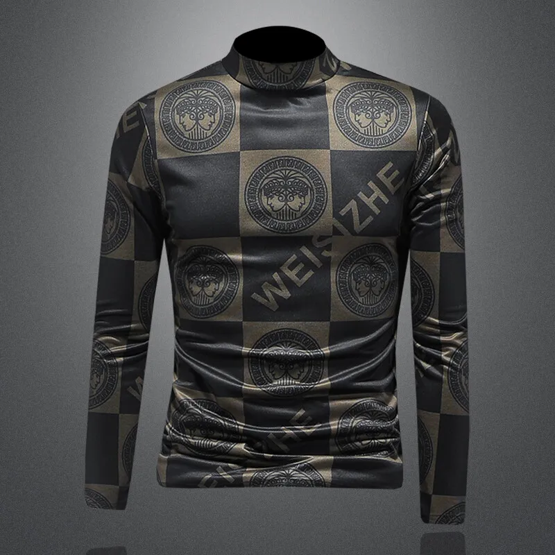 

Мужская приталенная футболка с длинным рукавом и высоким воротником, двусторонняя, с начесом, осенне-зимняя, новая, с принтом, модный бренд