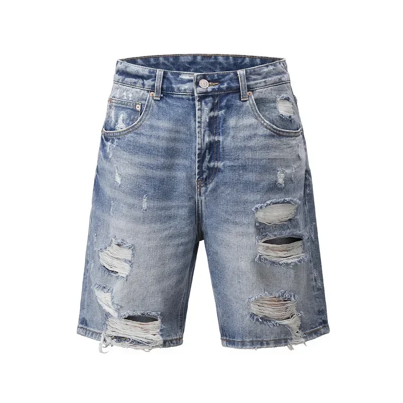 

Pop Summer New Fashion Men's Casual Trendy Hole Patchwork Washed Light Blue Jeans Shorts Knee Length Straight Loose Denim Shorts