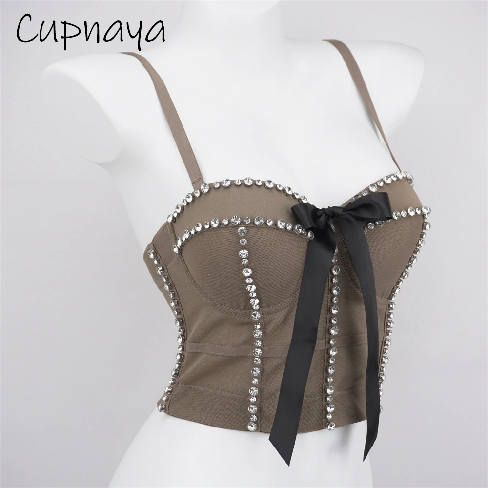 Cupnaya Sparkle Rhinestones Women Sexy Crop Top with Bow Front Bra Pad Push-Up Short Corset Hot Girl Club Show Dance Tank Tops