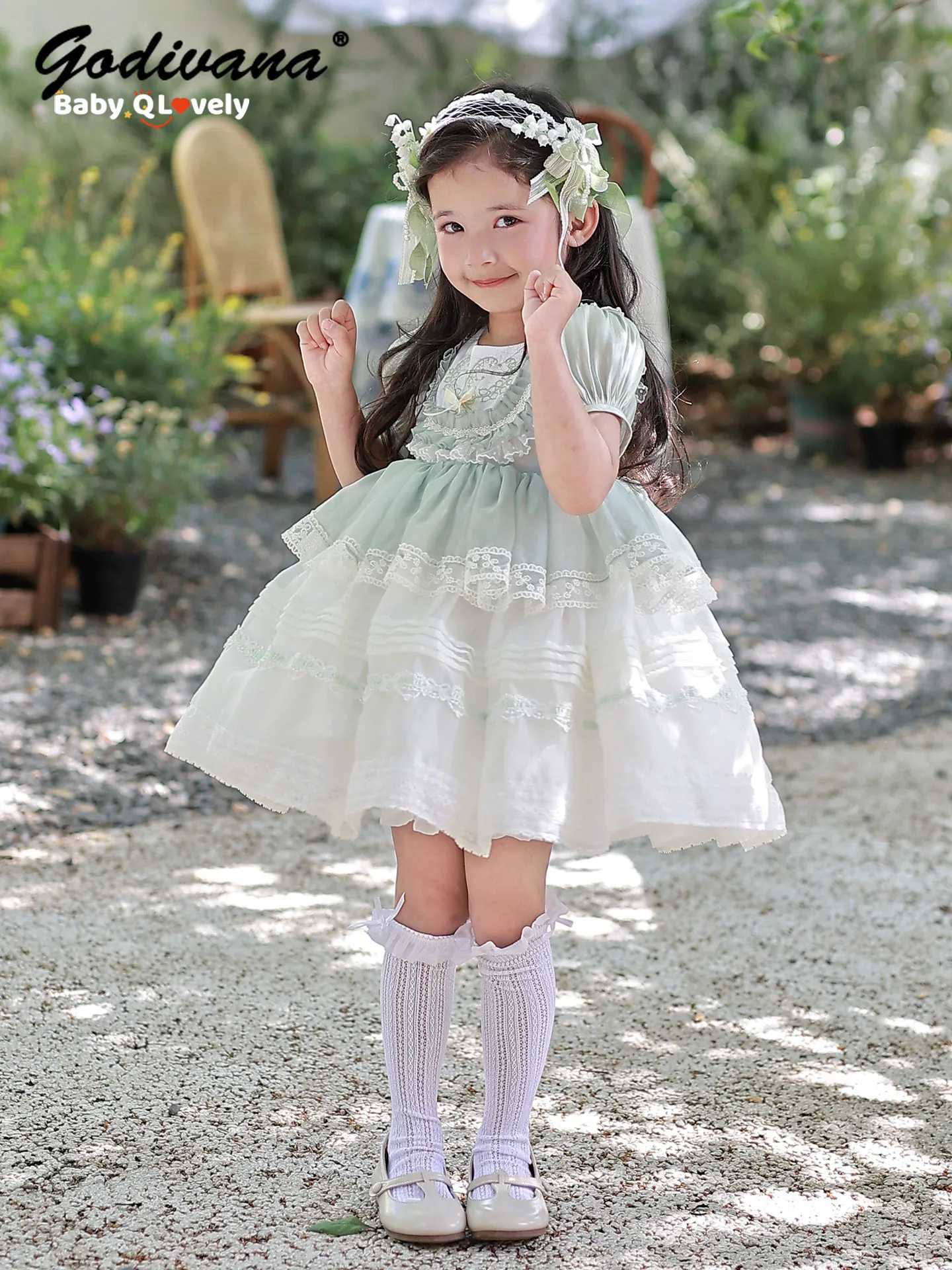 

Original Sweet Baby Girls 2026 New Summer High End Heavy Princess Lolita Dress Kids Puff Sleeve Lace Trim High Waist Ball Gown