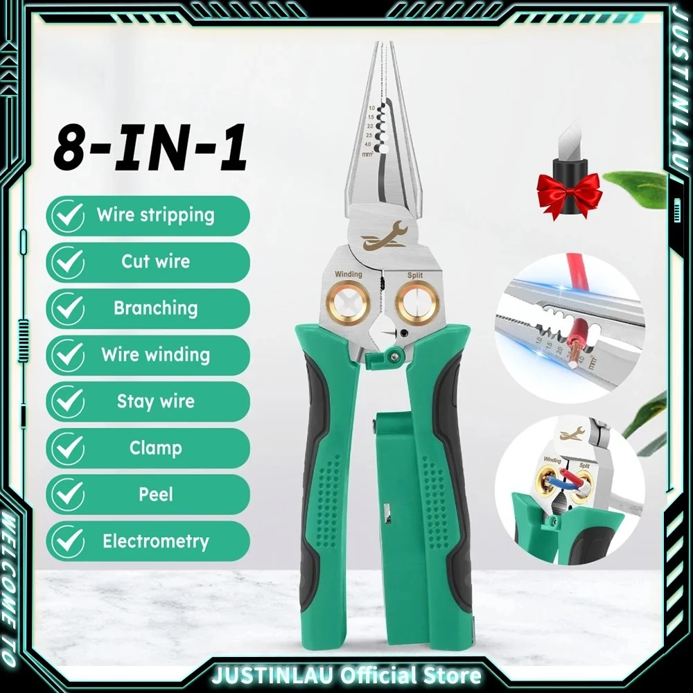 JUSTINLAU 8-in1 Electrician's Pliers Multi-function Wire Stripper Stainless Steel Needle-nose Pliers with Electrical Measurement