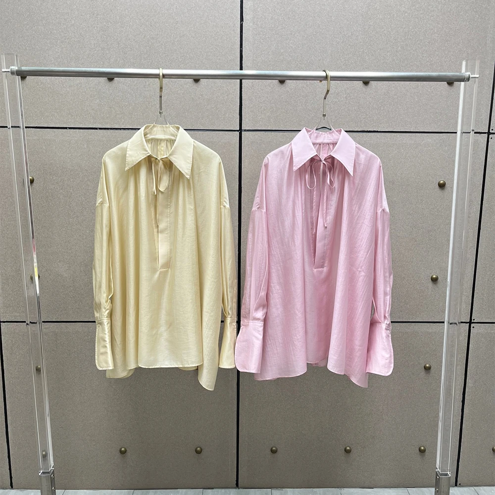 

Женская блузка с завязками на шее, длинным рукавом, свободного кроя, из атласной ткани, элегантная повседневная рубашка-топ для весны-лета 2026, 2 цвета