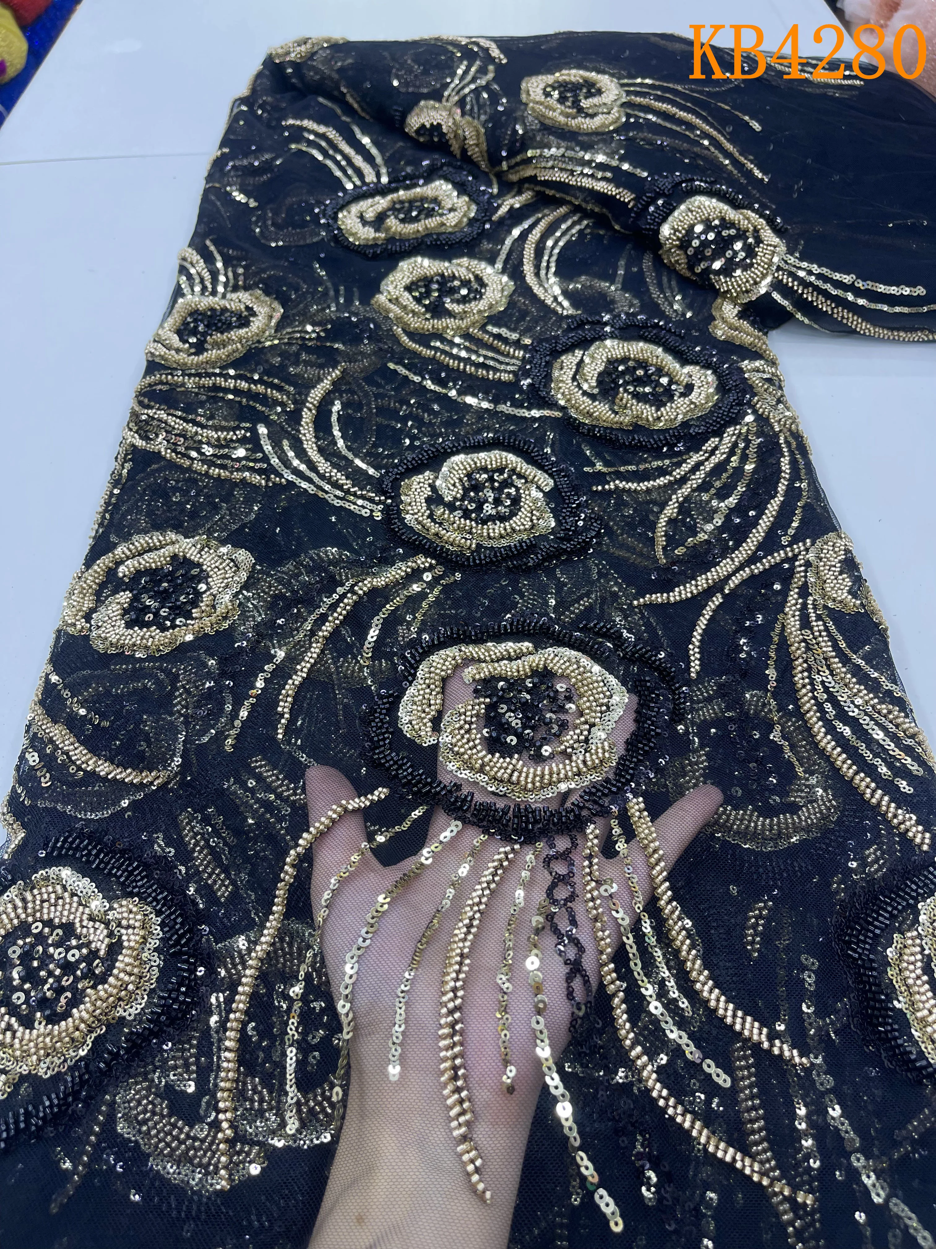 

African Heavy Beads Lace Fabric Luxurious Women's Evening Dresses French Mesh With Sequence Beaded Lace Fabric For Cloth KB4280