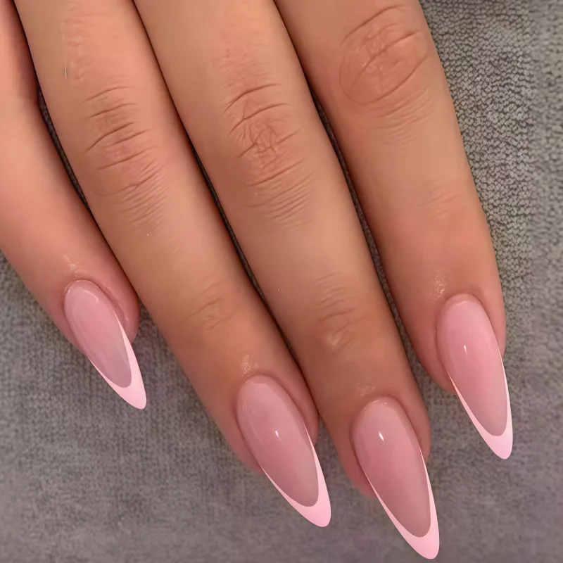 2026 24PCS French tip glossy neutral Bare pink gradient flower almond-shaped matte nails white and black dot artificial nails view 3