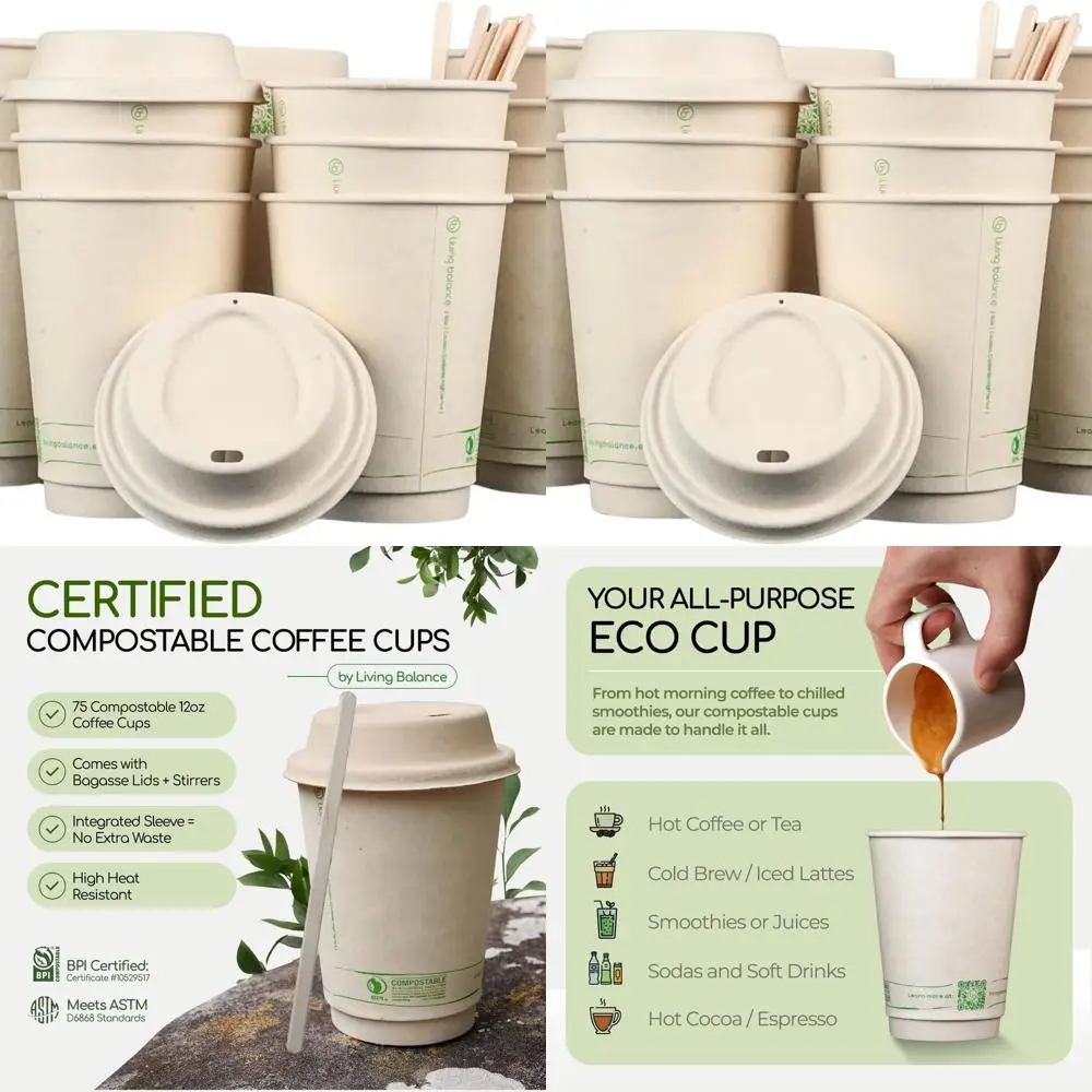 

75-Pack 12 oz Compostable Coffee Cups with Bagasse Lids, Leak-Proof, BPA-Free, CPLA Certified Plant-Based To-Go Cups