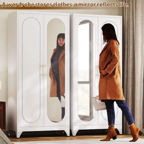 Armoire Wardrobe Closet，71" Metal Wardrobe Cabinet with Mirror Door | Tall Bedroom Armoires with Hanging Rod and view 5