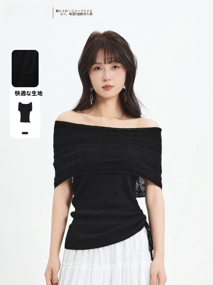 

Элегантный летний свитер с коротким рукавом и одним открытым плечом, дизайн «Начало воспоминаний», повседневный свободный крой, средней мягкости, обычное вязание.