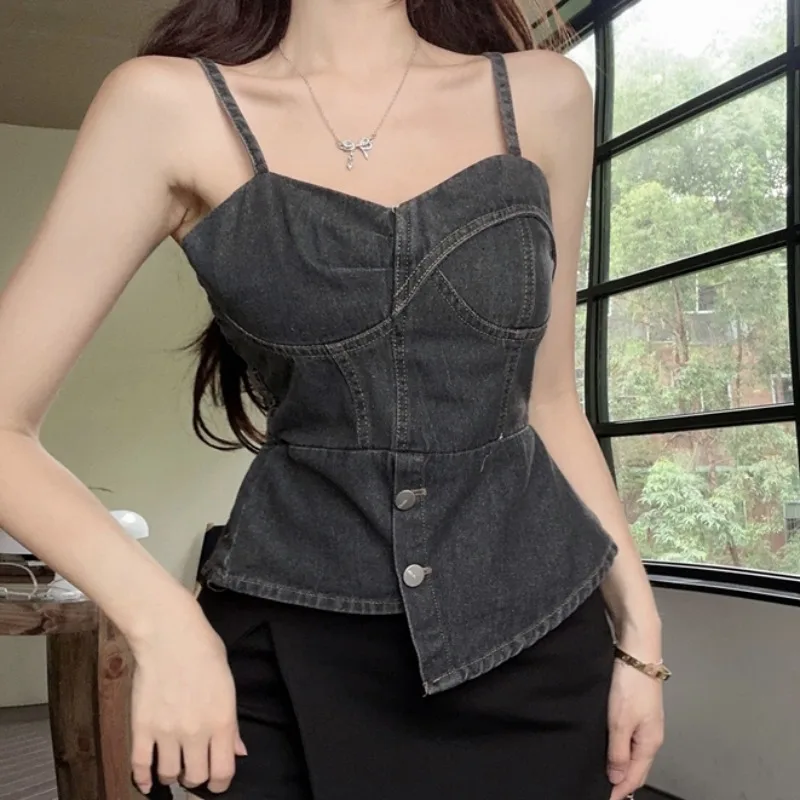 Nomikuma Spicy Girl Vintage Demin Sling Vest Women 2023 Summer New Orregular Sexy Slim Bototming Tanks Korean Fashion Jeans Tops