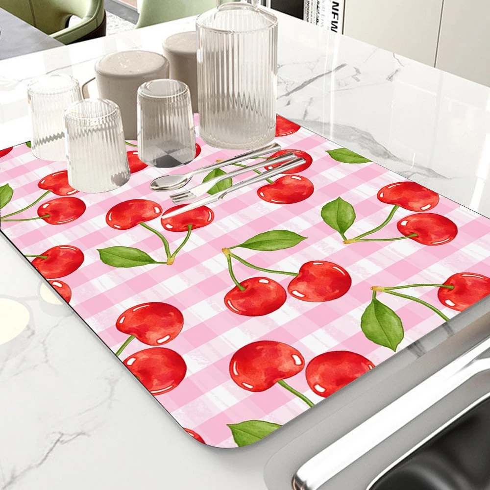 Cherry Pattern Coffee Maker Mat Dish Drying Mats for Kitchen Non-slip Draining Pad Quick Dry Tableware Dinnerware Washable
