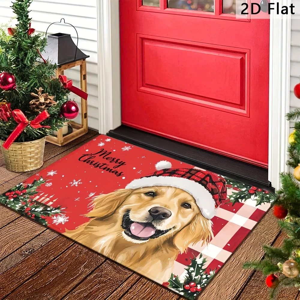 VIKAMA Weihnachts-Bodenmatte mit niedlichem Golden Retriever-Aufdruck, rutschfest und schmutzabweisend, waschbar, Badezimmerteppich, Heimdekoration