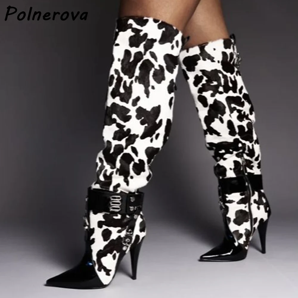 

Cow Print Black White Boots Buckle Belt Pointy Toe Thin Heels Women's Fashion Knee High Boots Women’Winter Sexy Patchwork Shoes