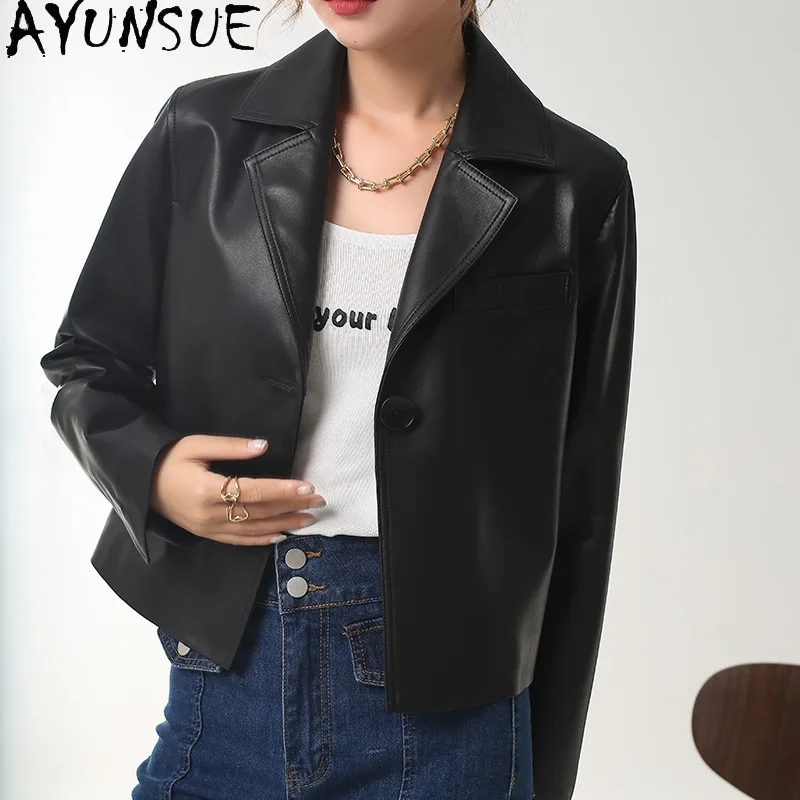 AYUNSUE-Chaqueta de piel auténtica para mujer, abrigo corto de piel de oveja auténtica de alta calidad, a la moda, primavera y otoño, 2023