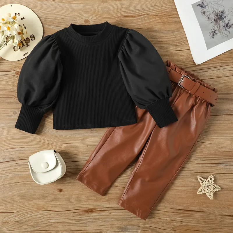 Girls Autumn Pullover Tops+PU Leather Pants 2pcs Set Kids Girl Cotton Puff Sleeve T-Shirt Fashion Clothes Suit For 1-6 Year New