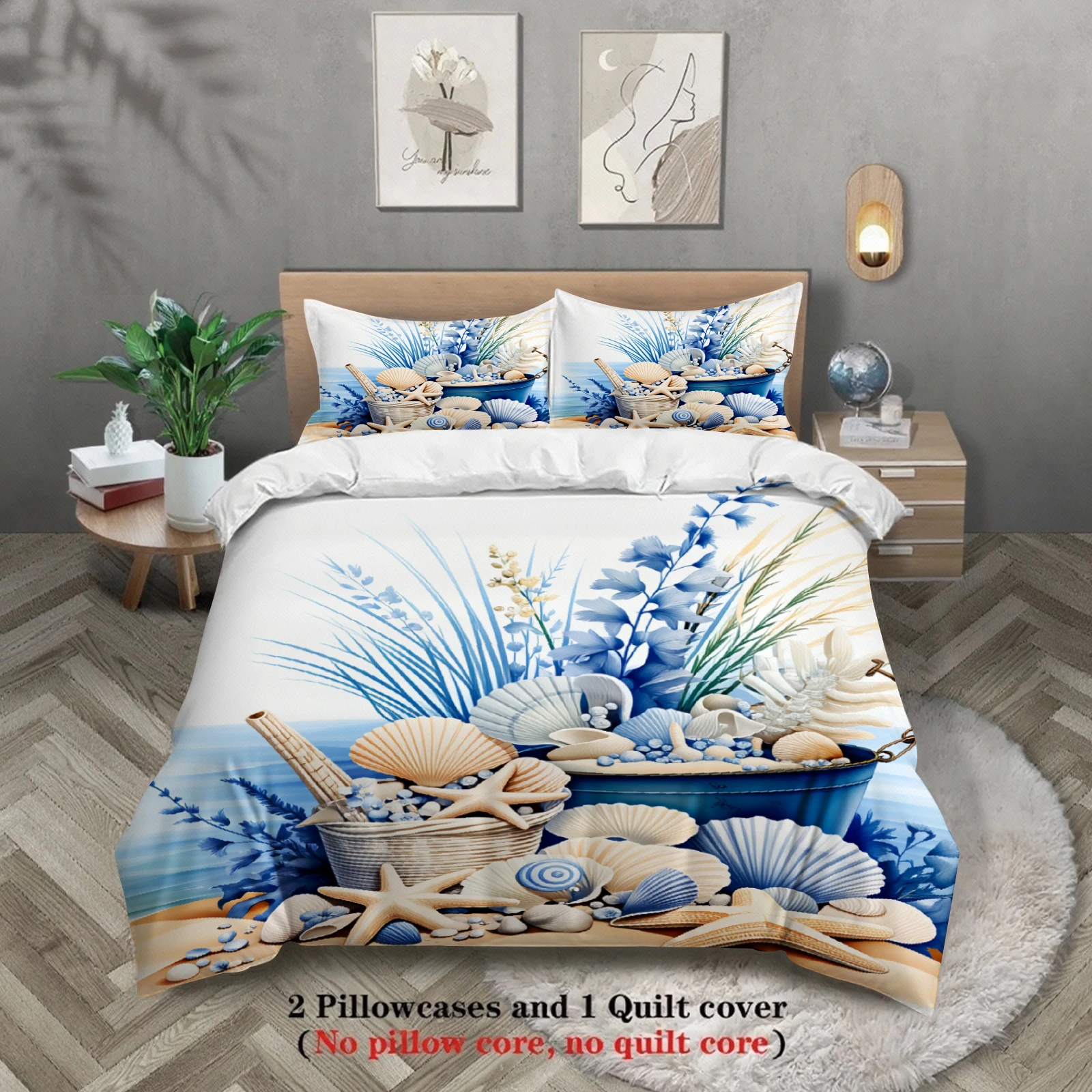 Seaside Beach Theme Bedding Set Blue And White Shell Starfish Coral Pattern With Duvet Cover & Pillowcases For Bedroom Decor