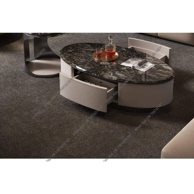 Qianyue Italian light luxury oval coffee table platinum diamond natural luxury stone living room home high-end sense size round