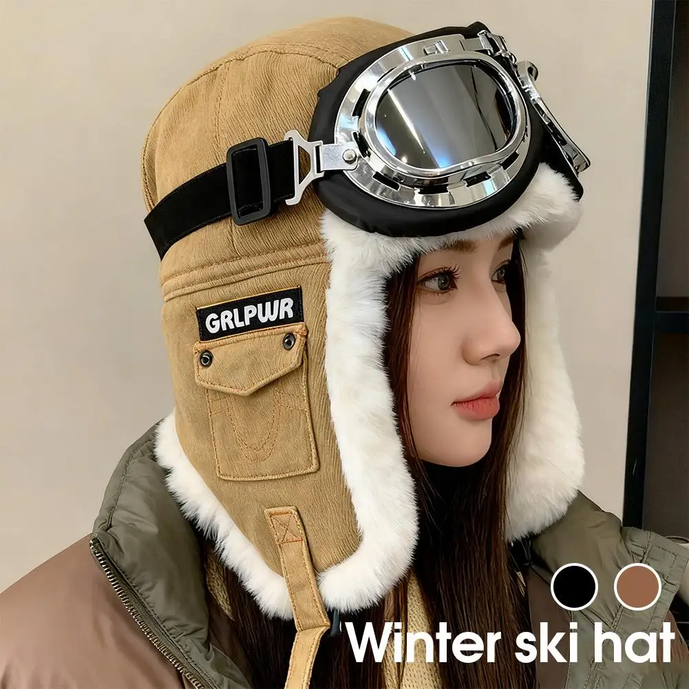 

Men Winter Bomber Hat With Goggles Outdoor Motorcycle Hat Pilot Fur Windproof Faux Warm Thermal Earflap B3D5