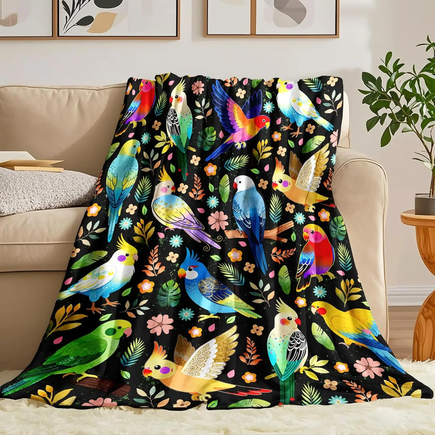 Vibrant Tropical Bird Pattern Throw Blanket Macaw Parrot Jungle Animal Print Cozy Decorative Lap Throw for Home Decor Gift