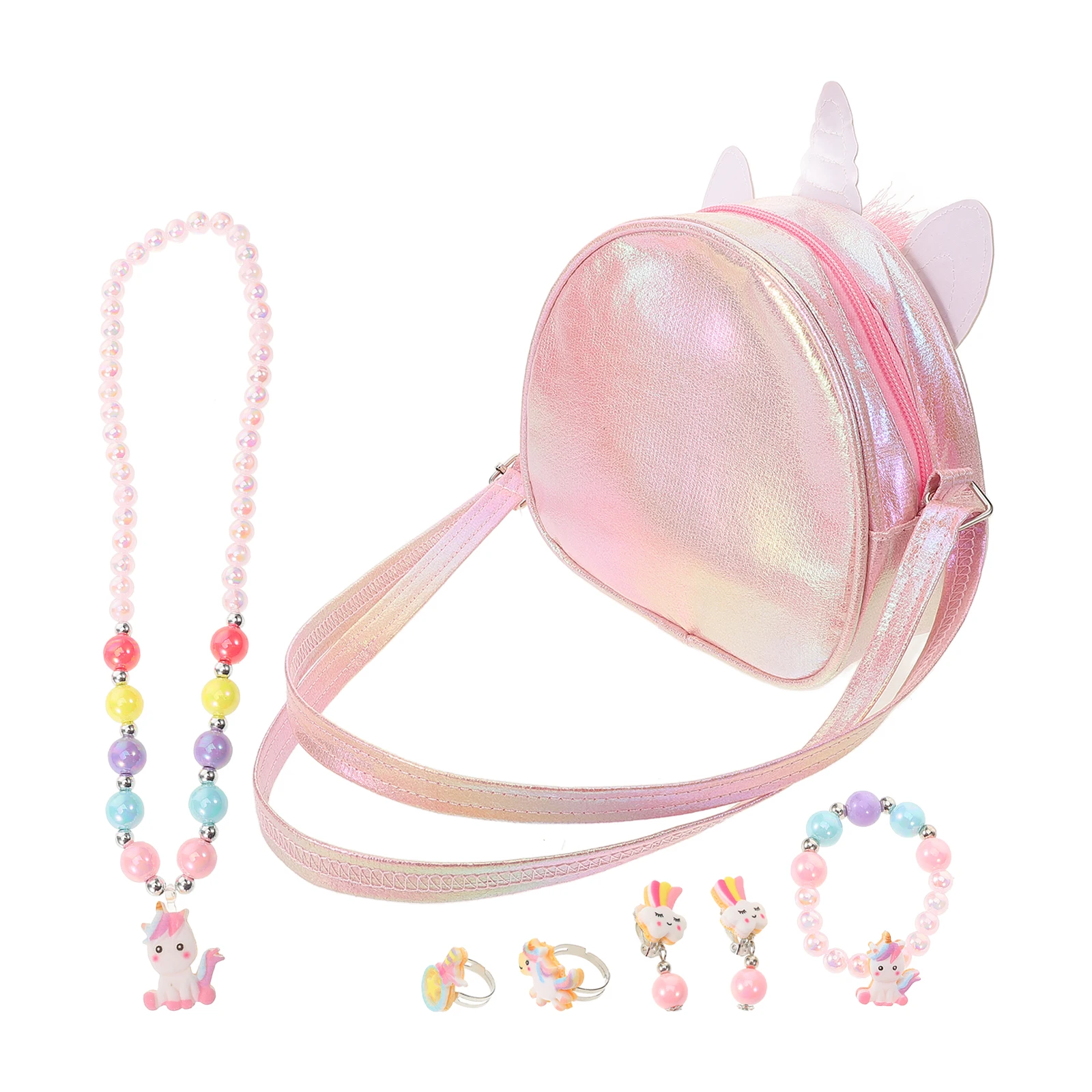 

1 set Kids Jewelry Set Pink Fabric Unicorn Necklace Ring Earrings Bracelets Toddler Girls Child Makeup Bag Toy Gift