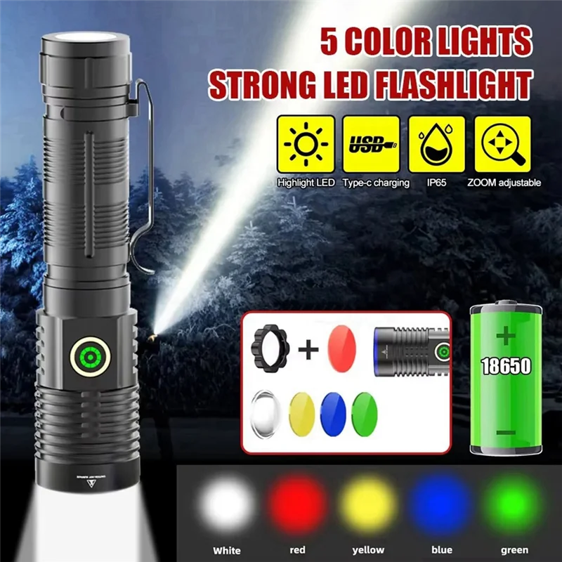 

Сильный светодиодный фонарик, 5-цветный фонарик с зумом, тактический фонарик, жесткий фонарь, перезаряжаемый через USB-AA26