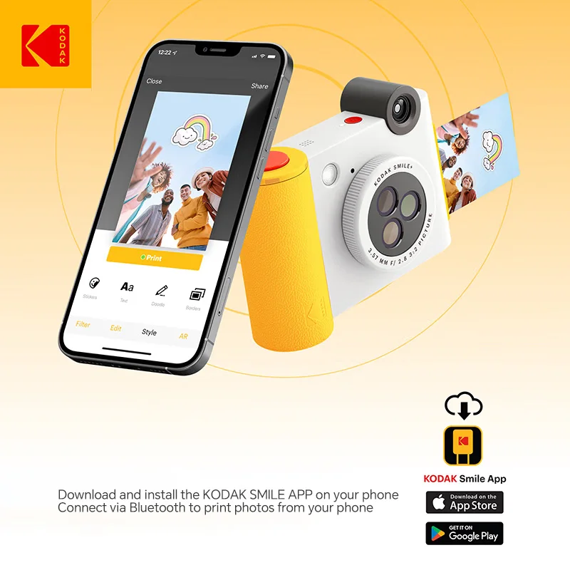 كاميرا Kodak Smile+ الفورية بدقة 10 ميجابكسل، 3 مرشحات، طباعة ZINK بدون حبر، طباعة صور بلوتوث من الهواتف المحمولة، دعم بطاقة TF