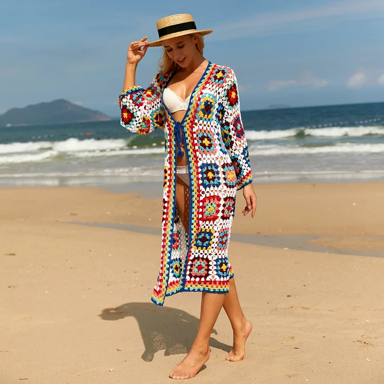 Summer Crochet Bikini Swimwear Cover-Ups Elegant Boho Kimono Beach Dress Tunic Woman Clothes Beach Wear Swim Suit Cover Up Robe