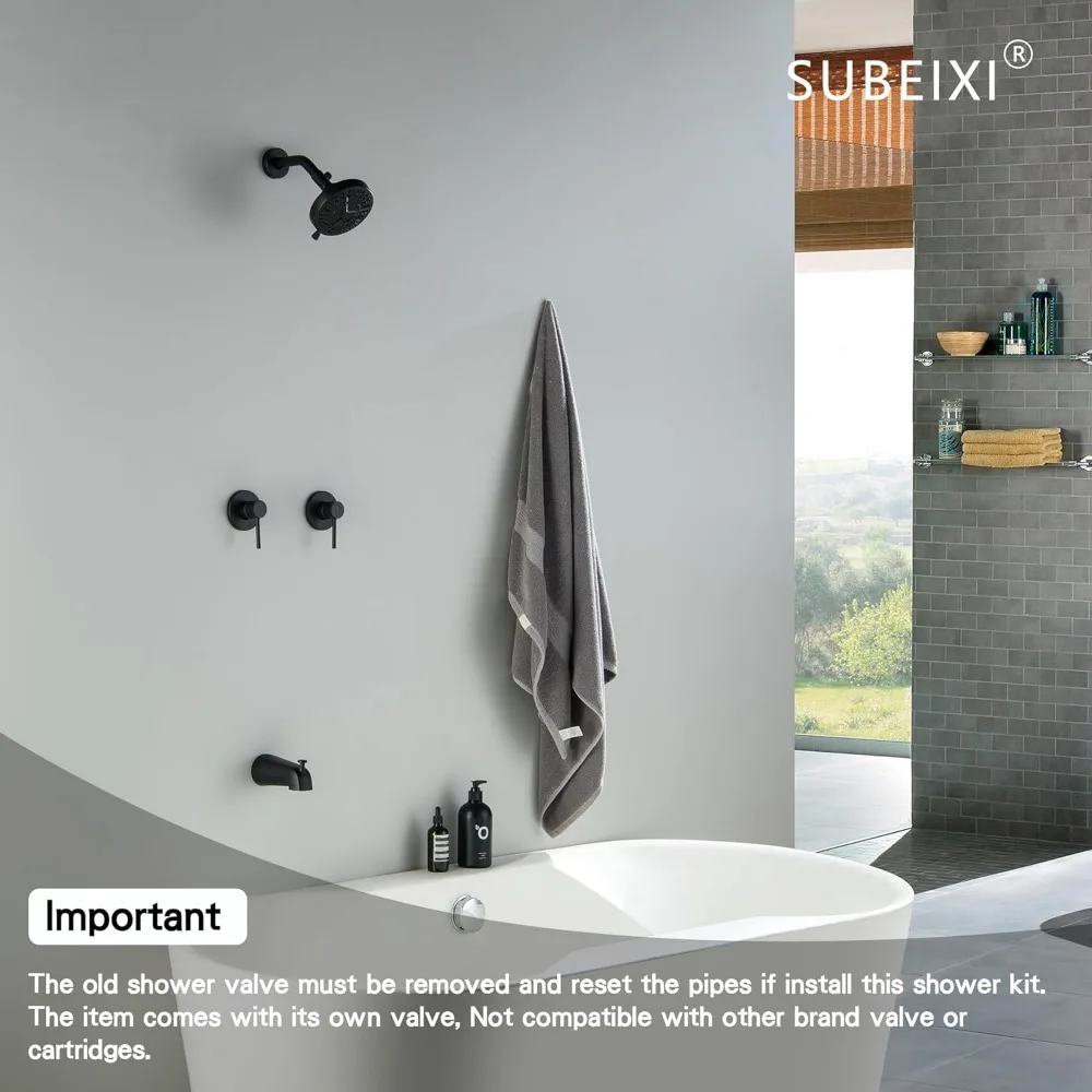 マットブラックの壁掛け式二ハンドルシャワー水栓セット（浴槽用注ぎ口付き）