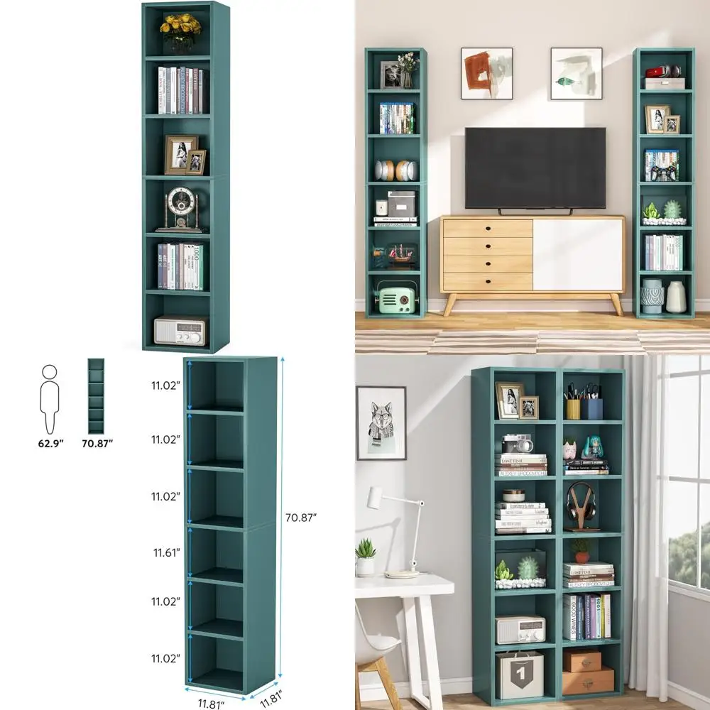

70.9 Inch Tall Narrow 6 Tier Corner Bookshelf, Blue Cube Display Shelf Organizer for Small Spaces