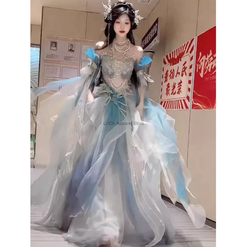 Sereia Sexy Princess Dress, Bordado Gradualmente, Bordado Mítico, Hanfu, Mangas Grandes, Moda da Indústria Pesada