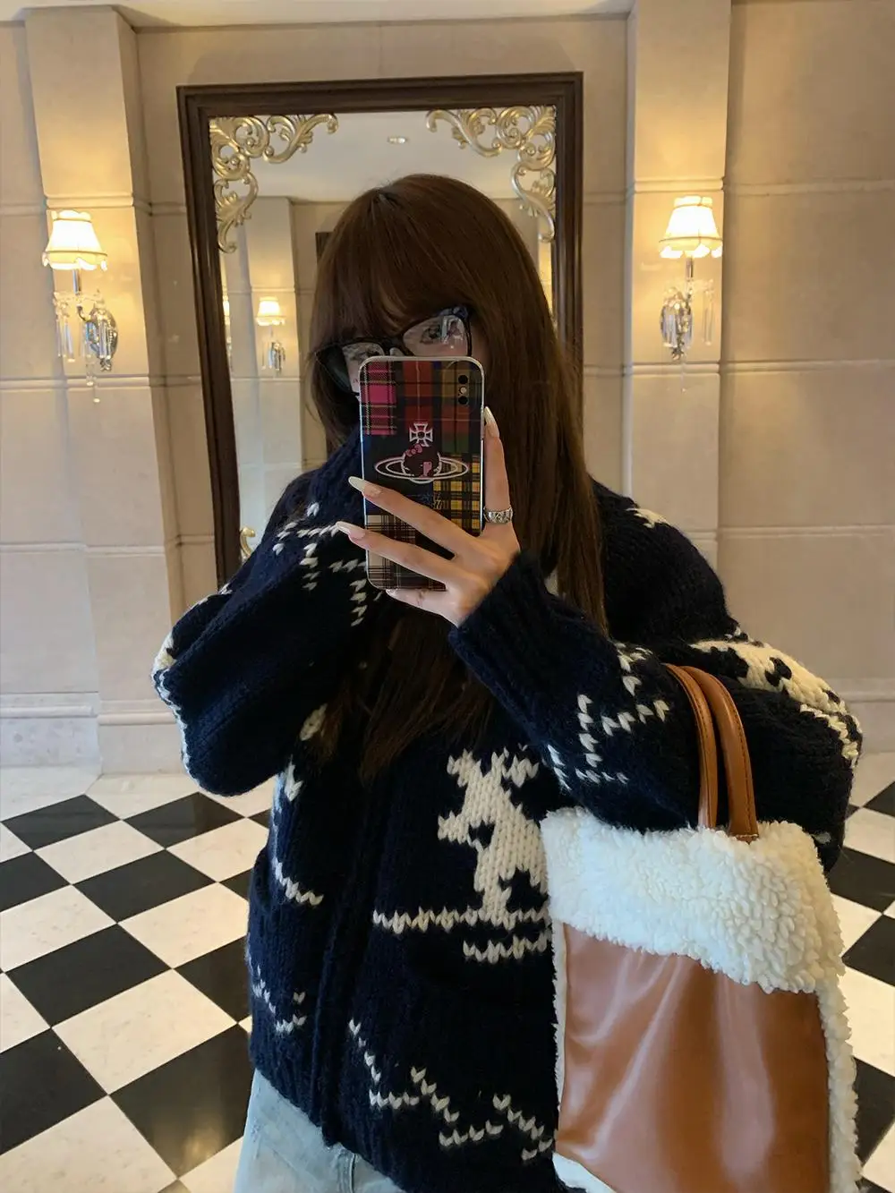 

D YANGJUN Heavyweight Knitted Cardigan Long Sve Zipper Deer Pattern Spring 2025 Outerwear Women's Faion Sweater