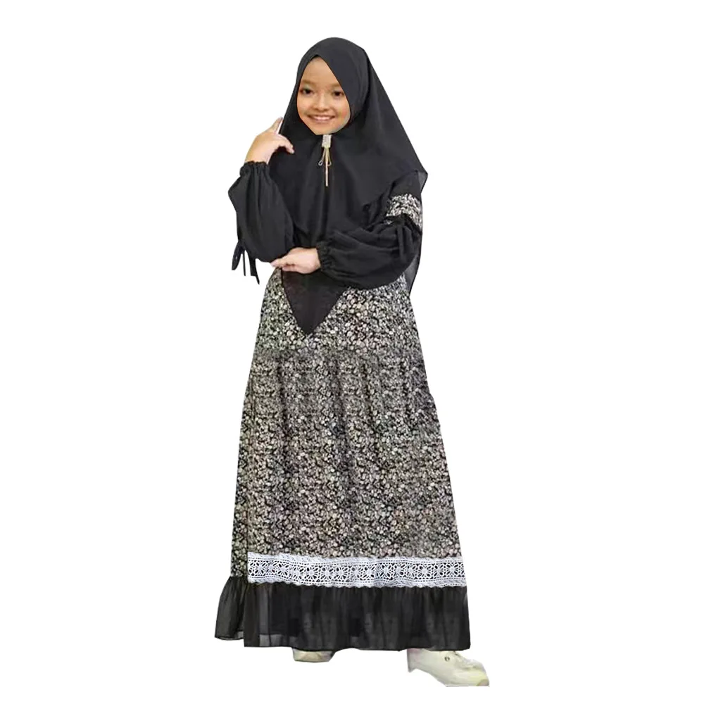 Muslim Abaya Robe and Headscarf Set for Girls Kids Hijab Prayer Dress Khimar Burqa Kaftan Children Gown Islamic Outfits Jalabiya