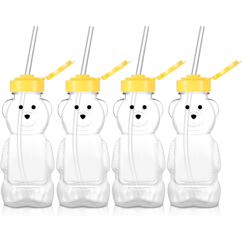 Juice Bear Bottles Honey Bear Drinking Bottles Plastic Reusable Drinking Cups Soft Silicone Straws for Daily Drinking Supplies