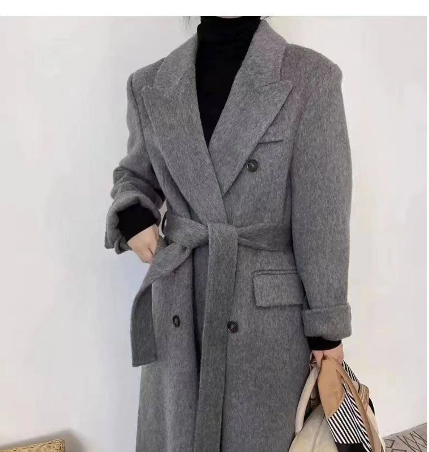 Autumn Winter Grey Lapel Double Face Wool Coat Women Thick Premium Slim Belted Long Woolen Outerwear Handmade Elegant Overcoat