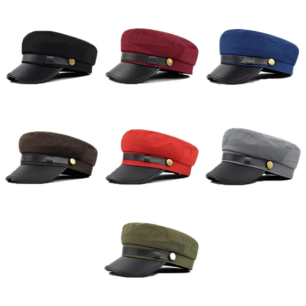 Retro Elegant PU Leather Winter Autumn Metal Button Fishing Cap Women Captain Caps Flat Navy Hats Men Sailor Caps