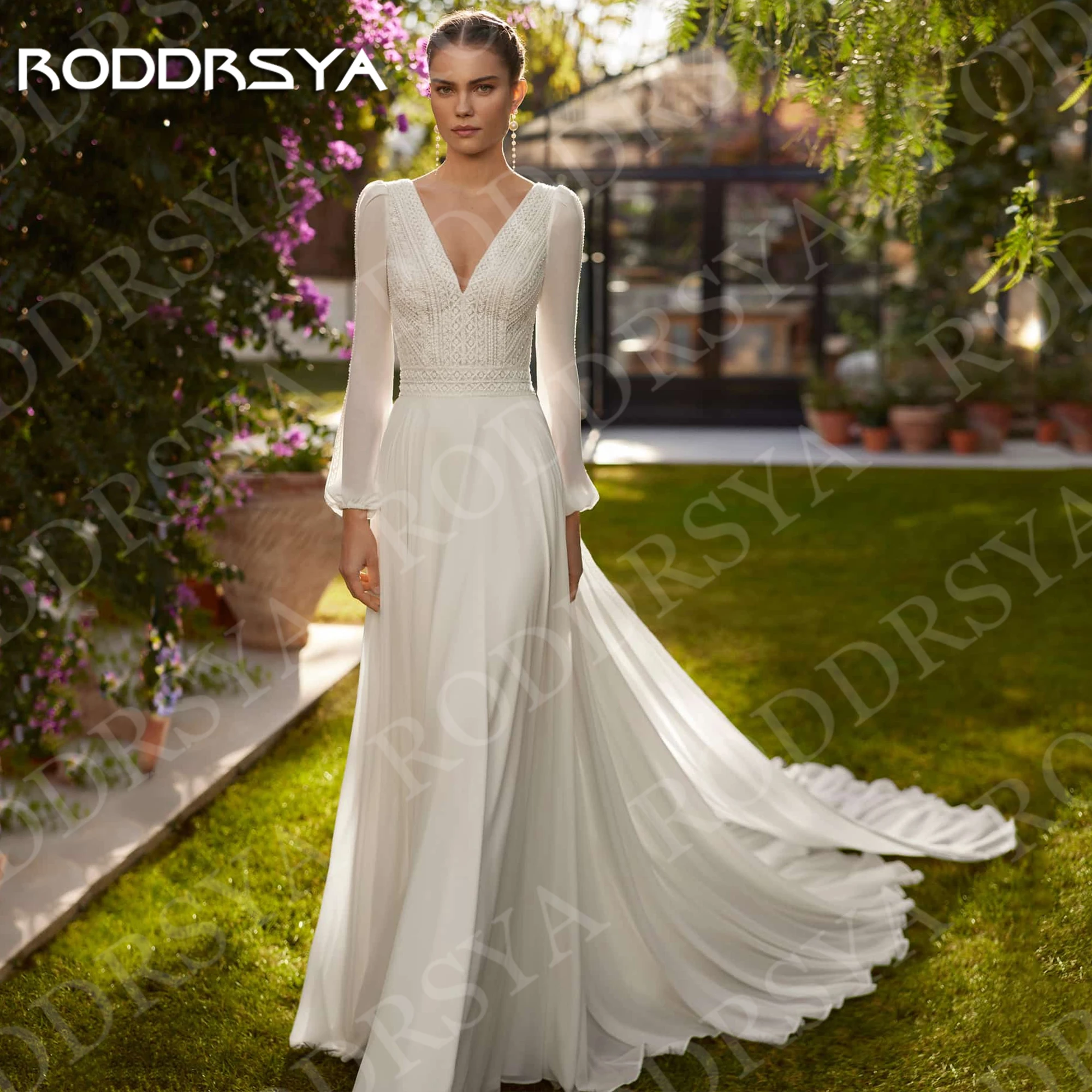RODDRSYA Elegant Boho Chic Wedding Dresses V Neck Long Sleeve Lace Illusion Back Bridal Gown Detachable Train A Line Customized