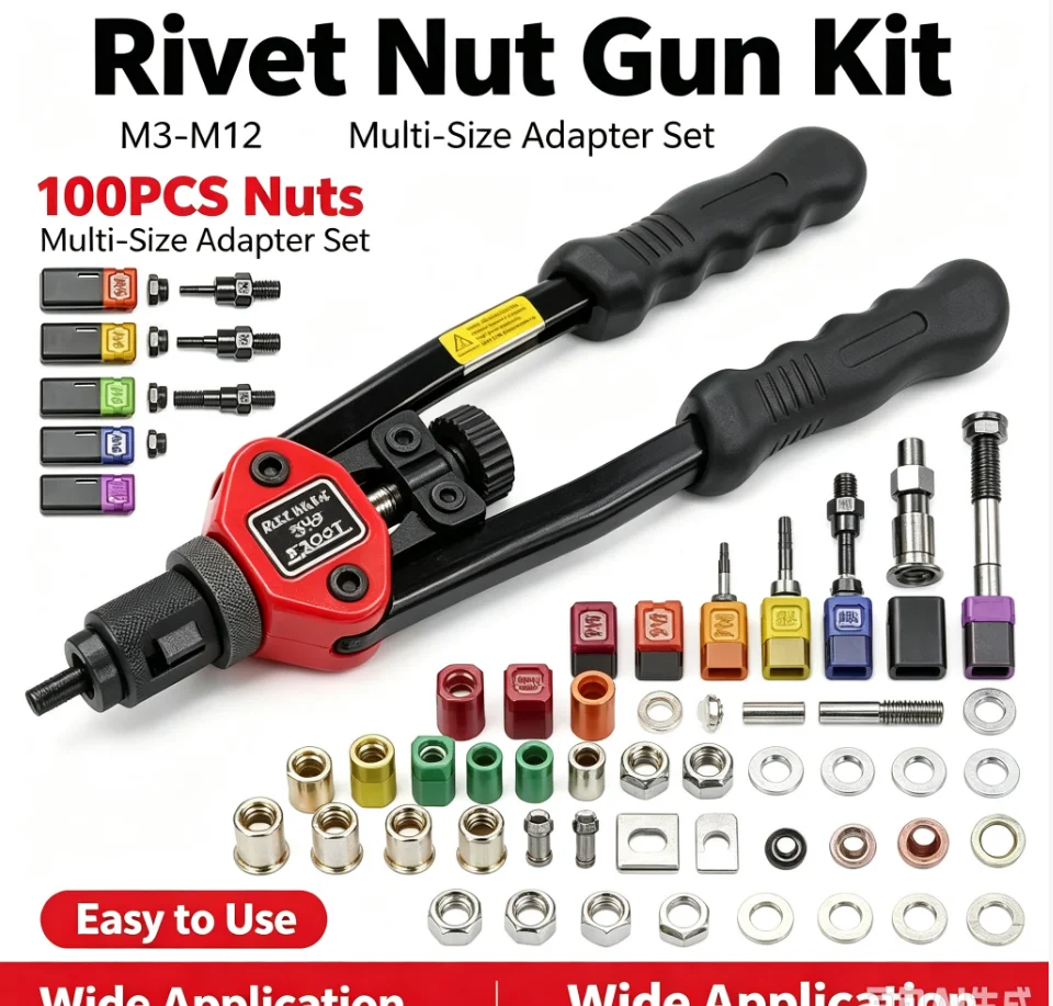 100Pcs Flat Head Riveting Nut Set with 1Set Hand Threaded Rivet Nut Gun With BT606 Insert Manual Riveter Riveting Rivnut Tool