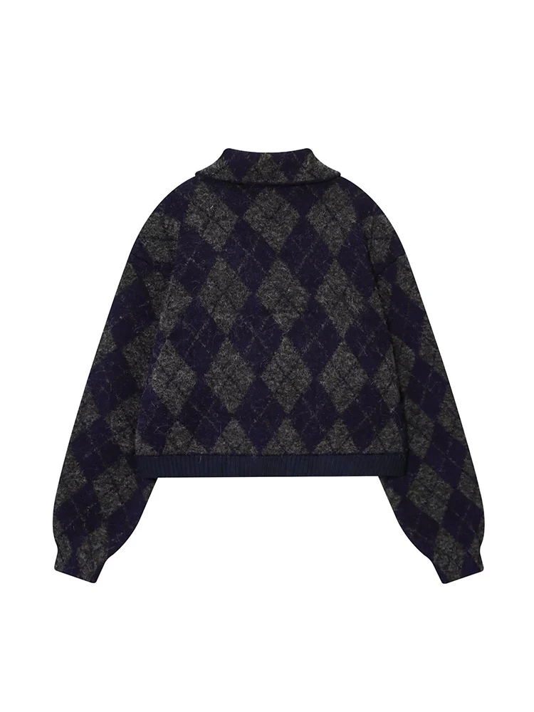 European style new women's fashionable and versatile elegant lapel long-sleeved diamond pattern knitted bomber jacket