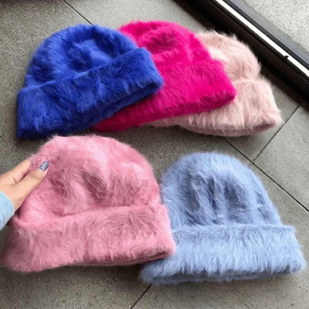 Einfache, einfarbige, locker sitzende Mütze im Y2K-Stil, Winter-Strickmütze, atmungsaktiv, mit Kaninchenfell-Ohrenschutz, Reise-Schädelmütze – Detail 6