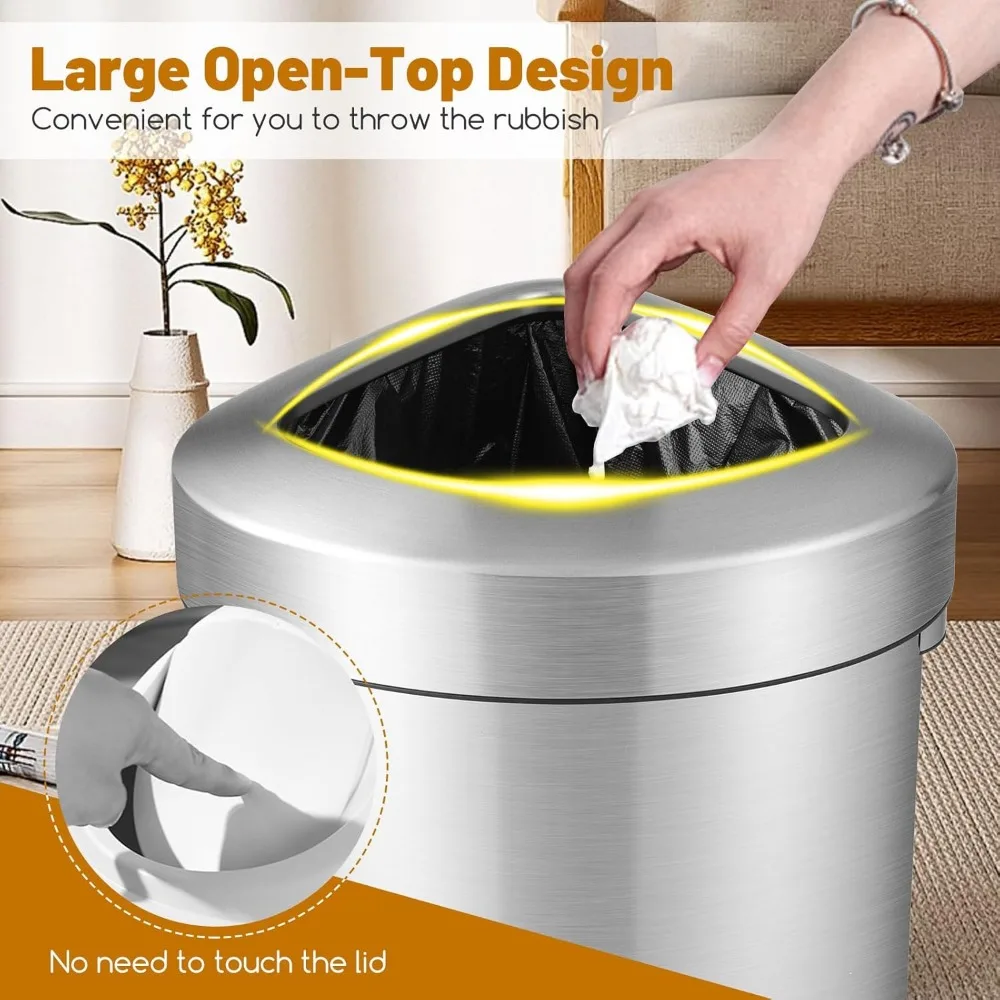 Corner Trash Can 16 Gallon/60 L, Kitchen Garbage Can, Large Open Top Touchless Rubbish Can, Anti-Slip Bottom, Triangular Waste