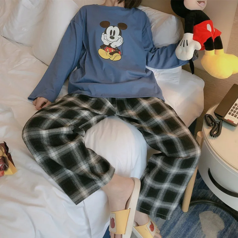 Disney Women Pajamas Cute Lion King Print Autumn Long Sleeve Trousers 2pcs Mickey Minnie Donald Duck Cartoon Pajamas Homewear